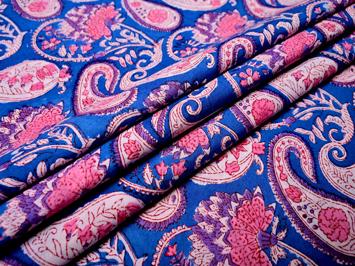 Indian Blue Printed Cotton Fabric with Paisley Style