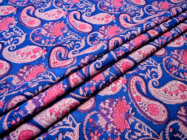 Indian Blue Printed Cotton Fabric with Paisley Style