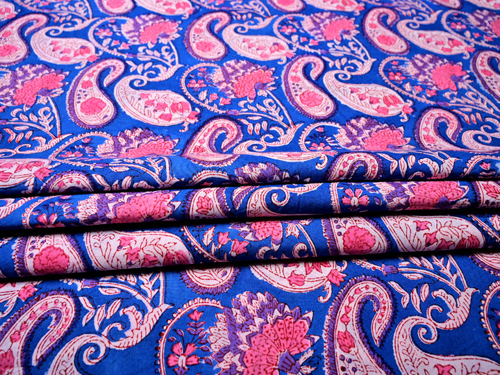 Indian Blue Printed Cotton Fabric with Paisley Style