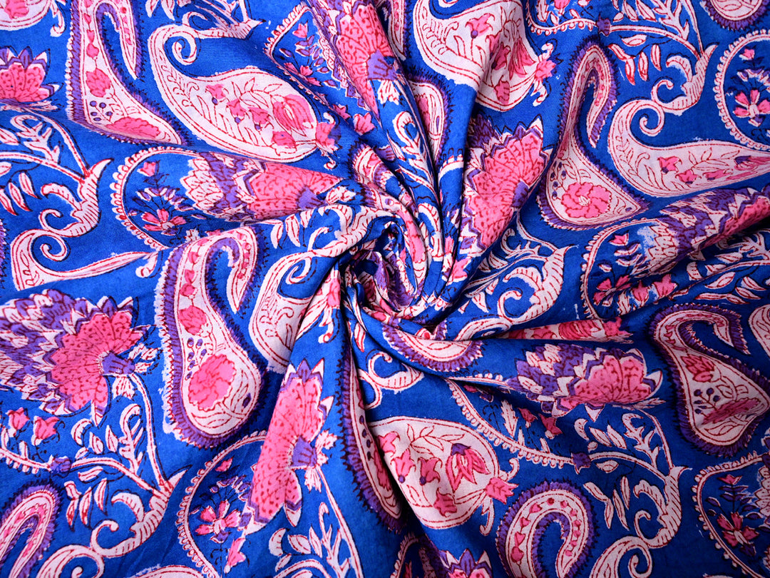 Indian Blue Printed Cotton Fabric with Paisley Style