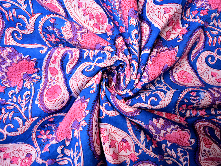 Indian Blue Printed Cotton Fabric with Paisley Style