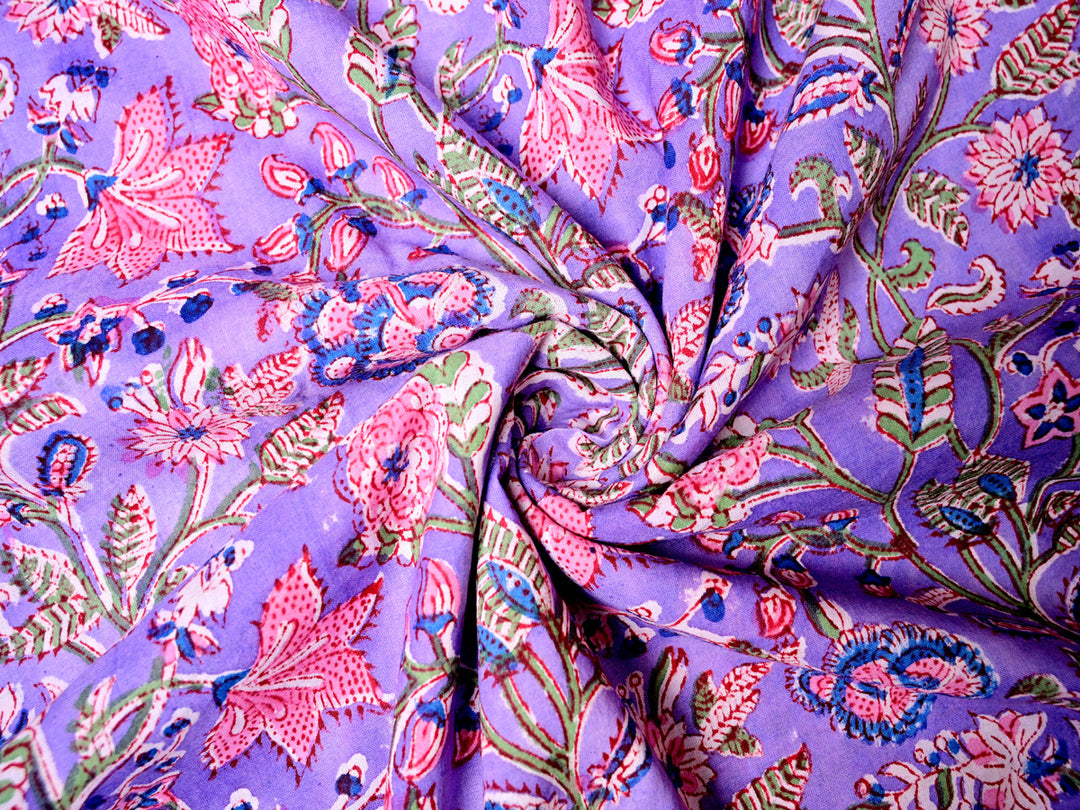 Indian Fabric ~ Pink & Lavender Floral Block Prints Cotton