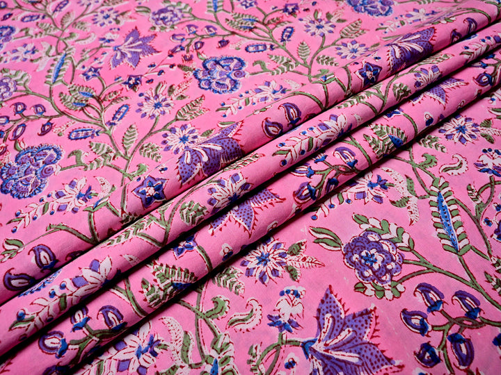 Indian Fabric ~ Pink & Lavender Floral Block Prints Cotton