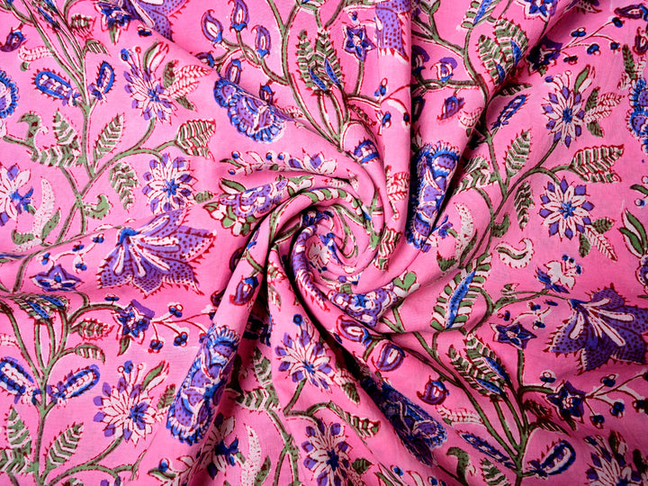 Indian Fabric ~ Pink & Lavender Floral Block Prints Cotton