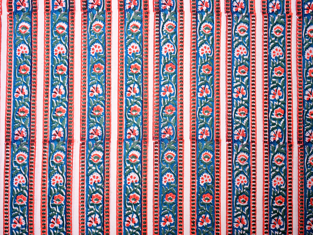 Hand block printed Indian cotton stripe fabric by the yard