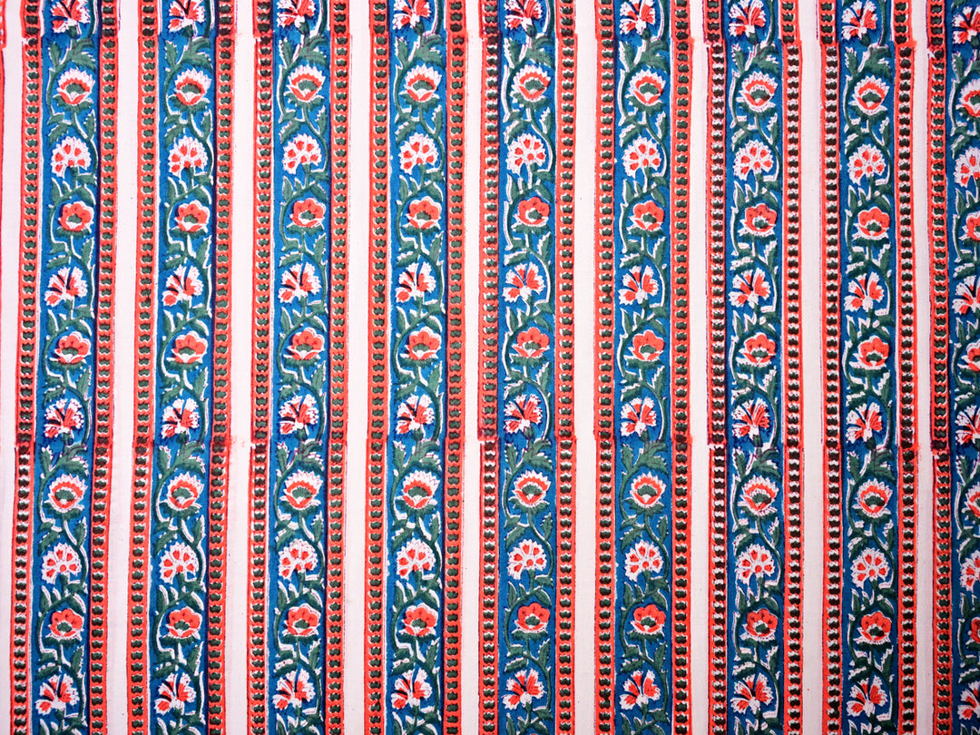 Hand block printed Indian cotton stripe fabric by the yard
