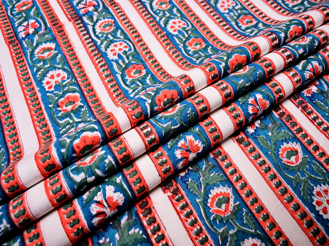 Hand Block Printed Indian Cotton Stripe Fabric by the Yard for sewing