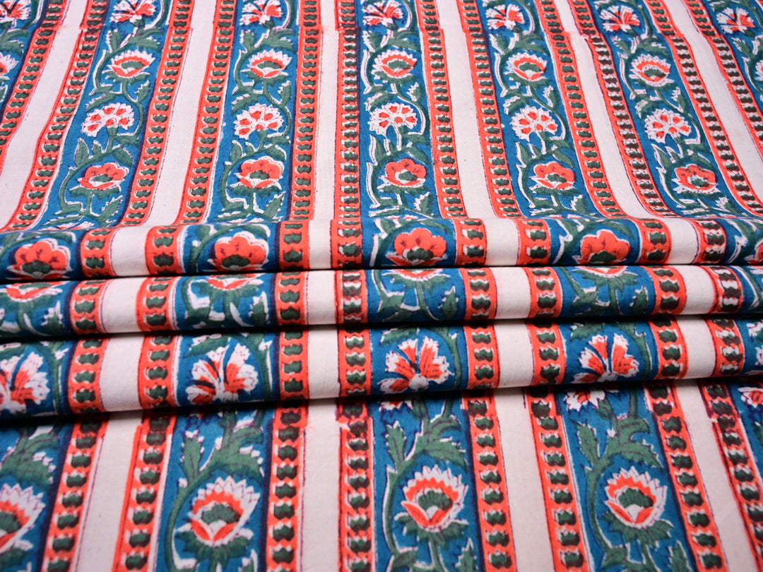 Natural cotton Indian stripe hand block fabric - Artisan hand block printed cotton stripe textile
