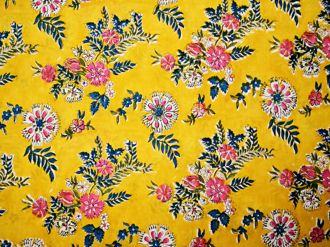 Yellow Fabric - Floral Cotton Indian Handmade Textile