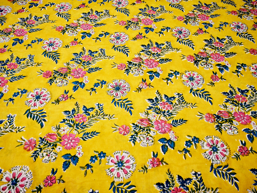 Yellow Fabric - Floral Cotton Indian Handmade Textile