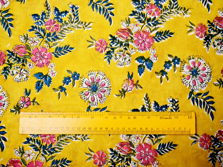 Yellow Fabric - Floral Cotton Indian Handmade Textile