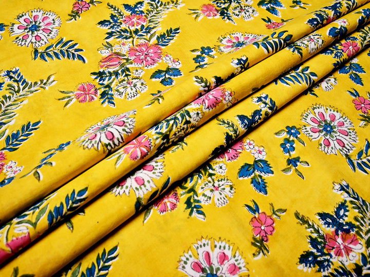 Yellow Fabric - Floral Cotton Indian Handmade Textile