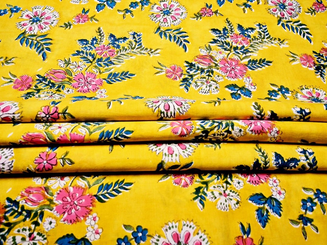 Yellow Fabric - Floral Cotton Indian Handmade Textile