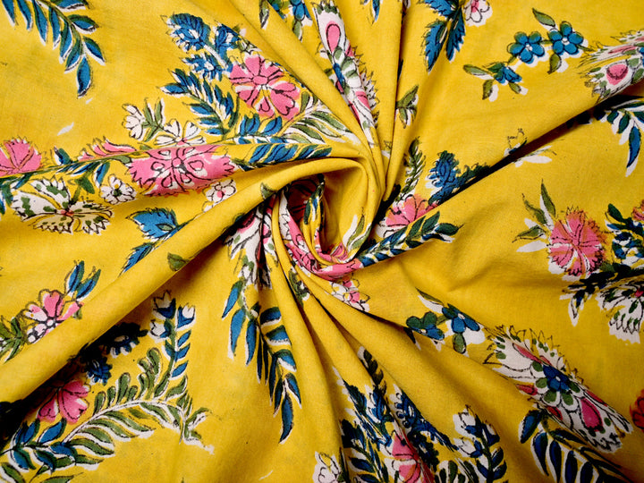 Yellow Fabric - Floral Cotton Indian Handmade Textile