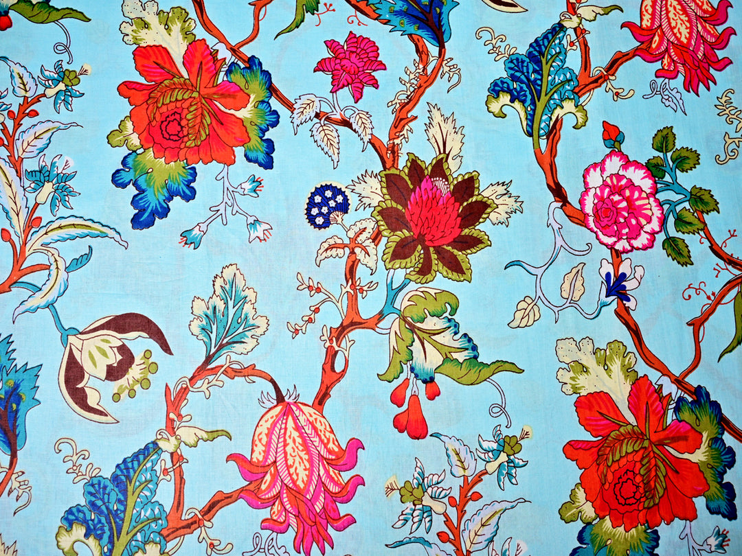 Teal exotic flower Indian print cotton fabric by the yard for quilting and crafts