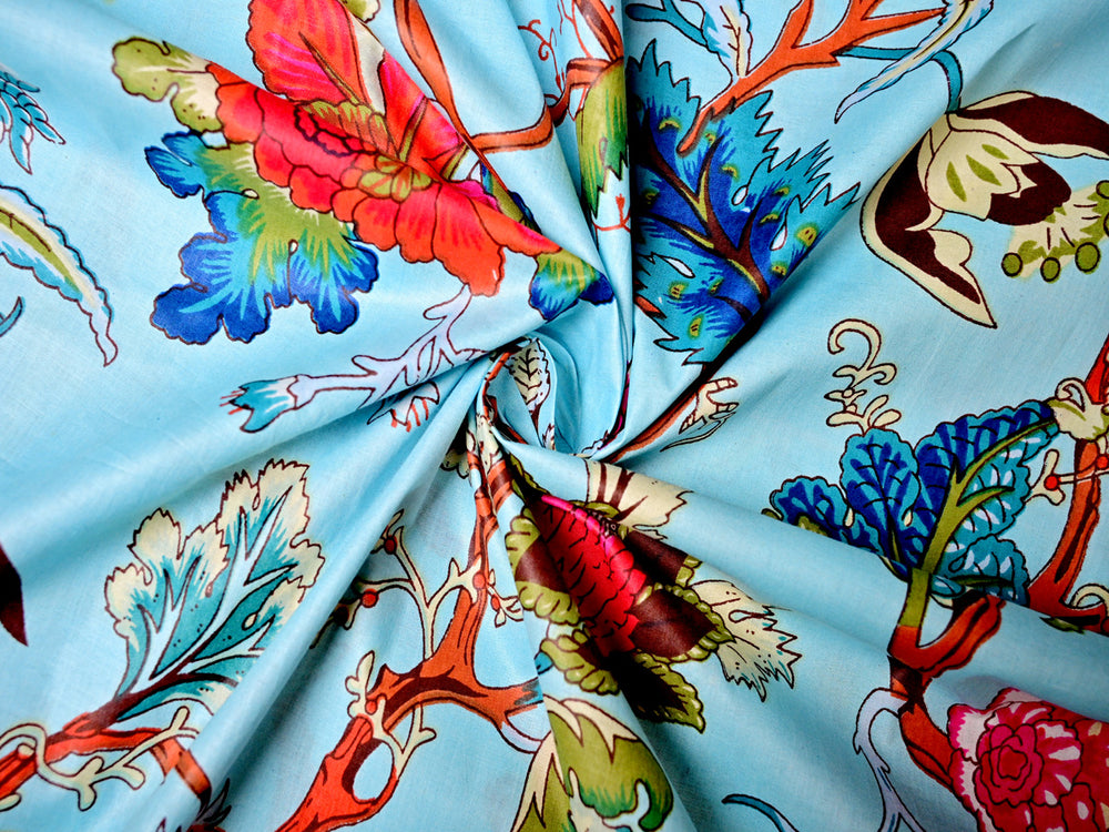 Floral teal Indian cotton fabric material with exotic flower design by the yard.