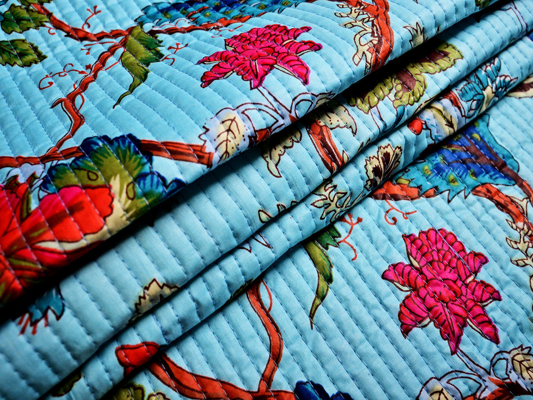 Blue floral Indian print quilt and fabric, soft cotton material for sewing and crafting