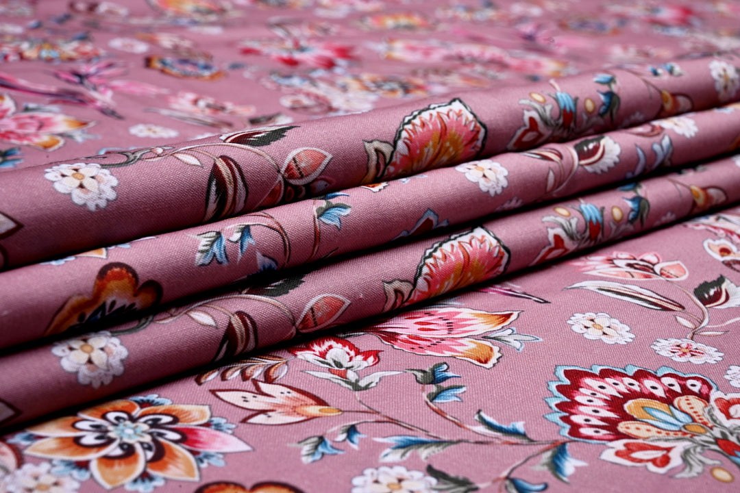 Floral Screen Printed Pink Cotton Fabric