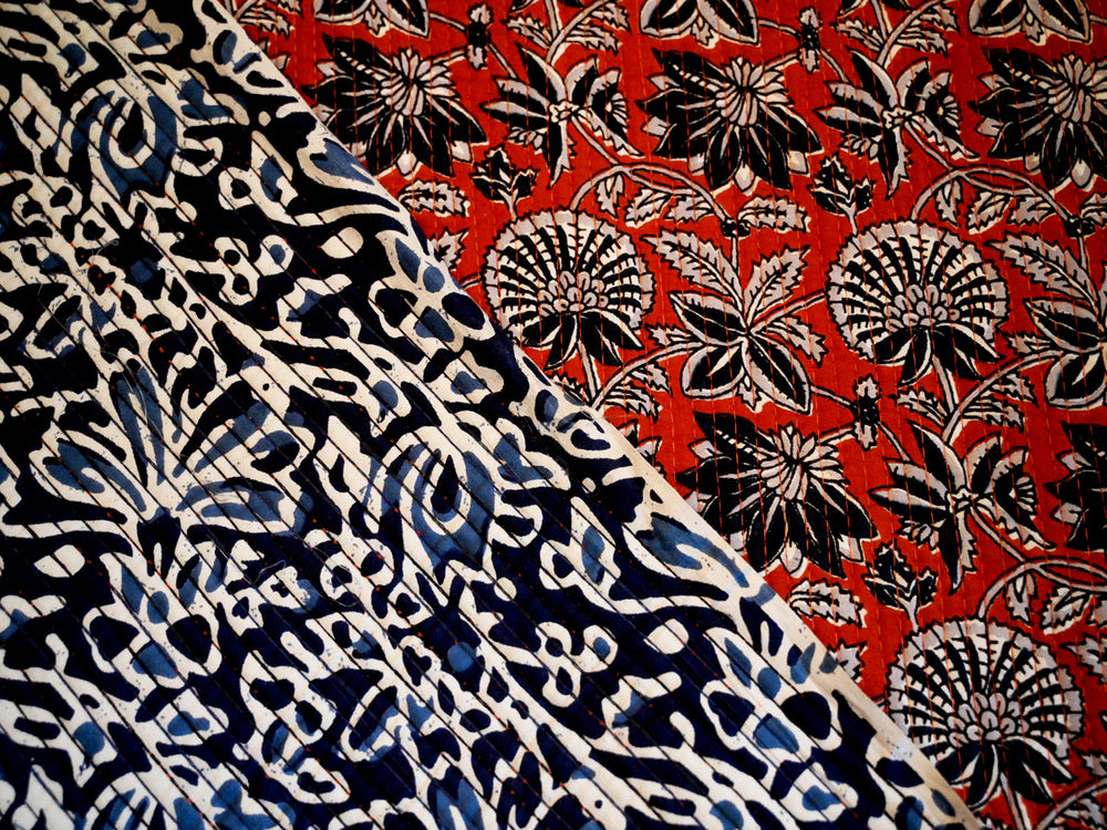 Soft handmade block print quilted fabric for sewing