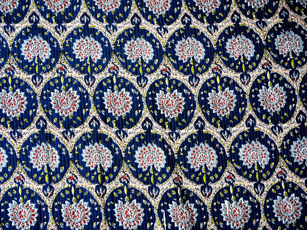 handmade indian quilt fabric for home decor - block print cotton quilted fabric by the yard
