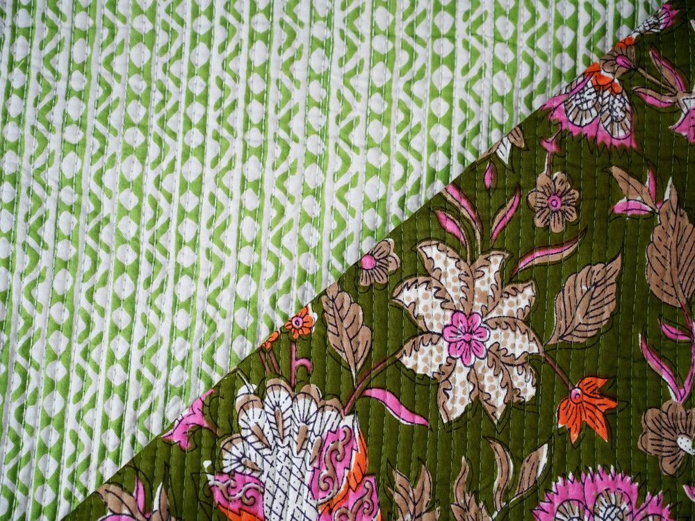 quilted block print cotton fabric by the yard - handmade block print quilting cloth for crafts