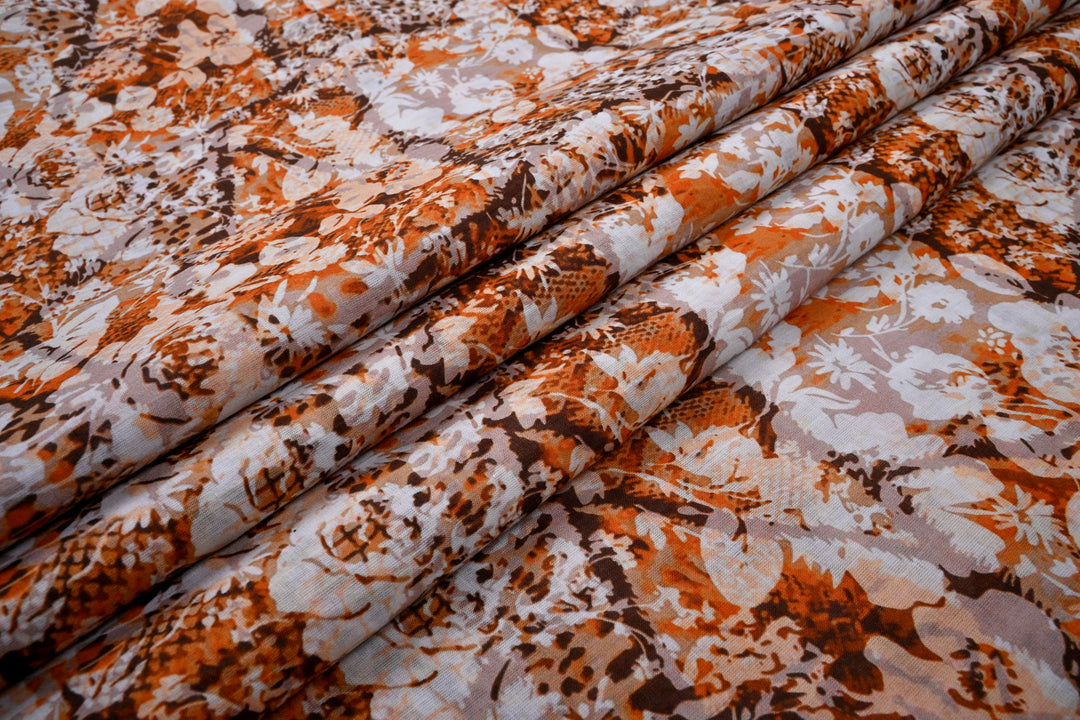 Orange Digital Floral Print Cotton Fabric