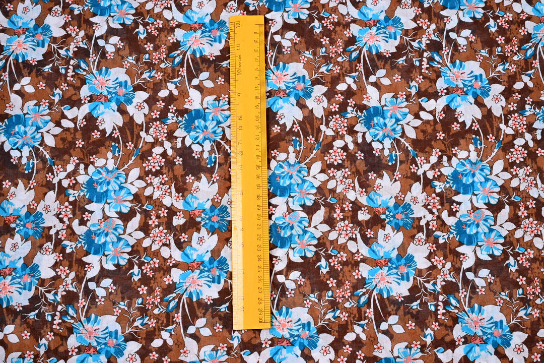 Blue Flower Digital Print Cotton Fabric ~ COCOA BROWN