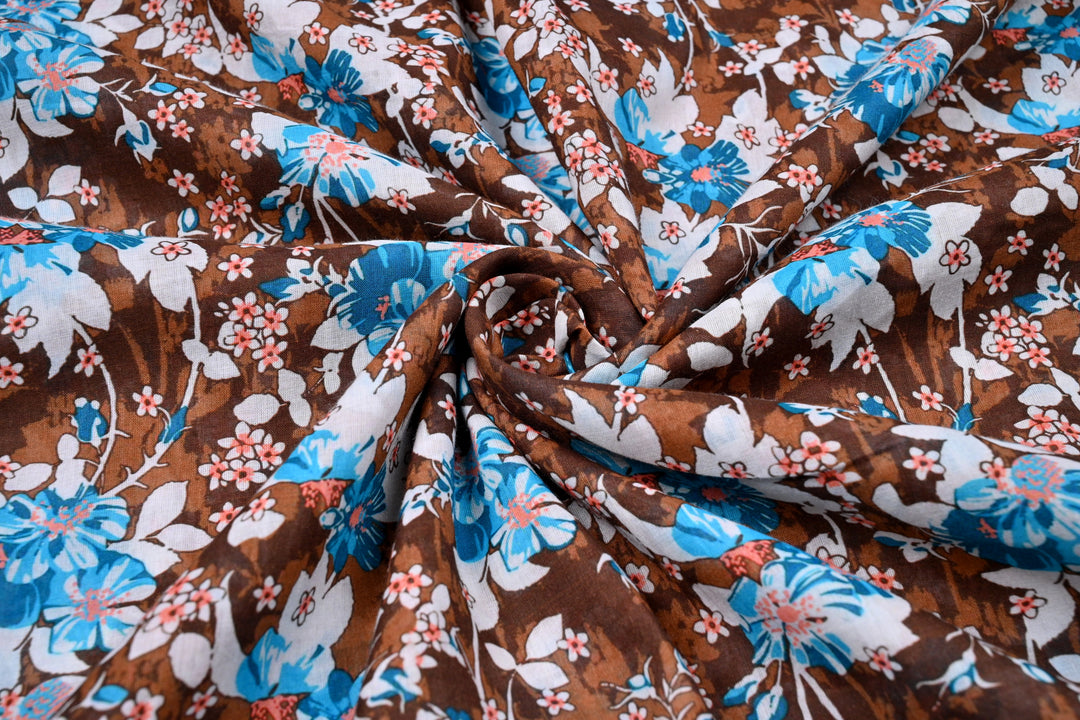 Wholesale Lot of Blue Flower Digital Print Cotton Fabric ~ COCOA BROWN