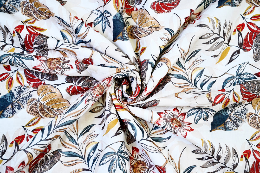 Floral and Olive Leaf Digital Print Cotton Fabric