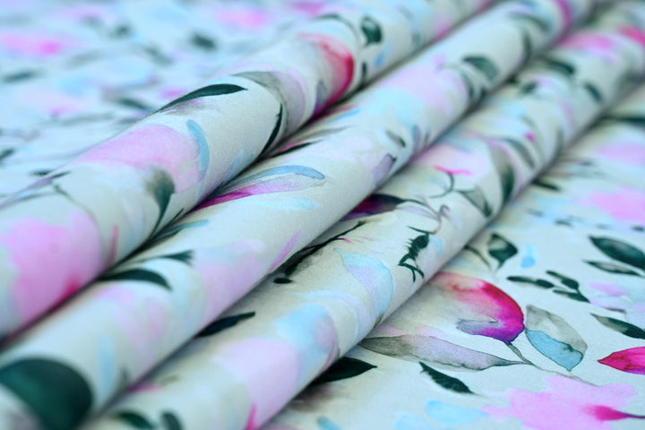 Pink Flower with Olive Leaf Digital Print Cotton Fabric