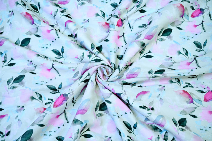 Pink Flower with Olive Leaf Digital Print Cotton Fabric