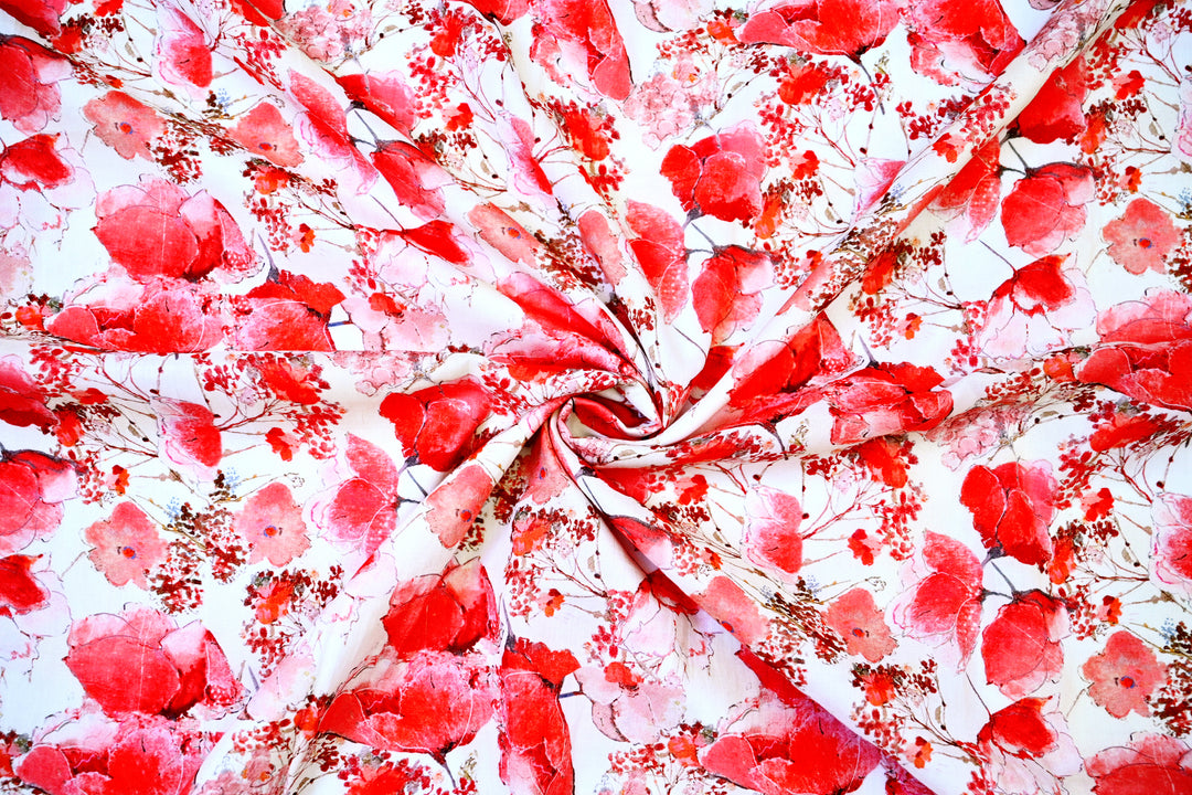 Red Large Floral On Cotton White Base