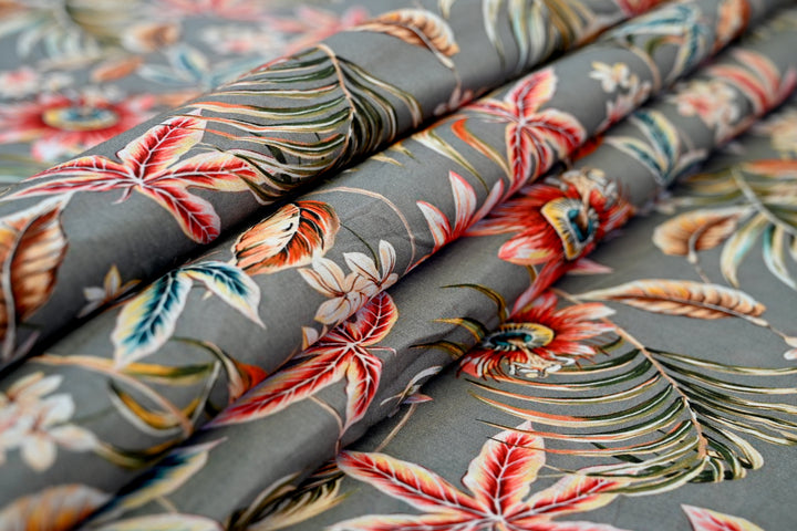 Red Floral, Feather fabric Print on Cotton