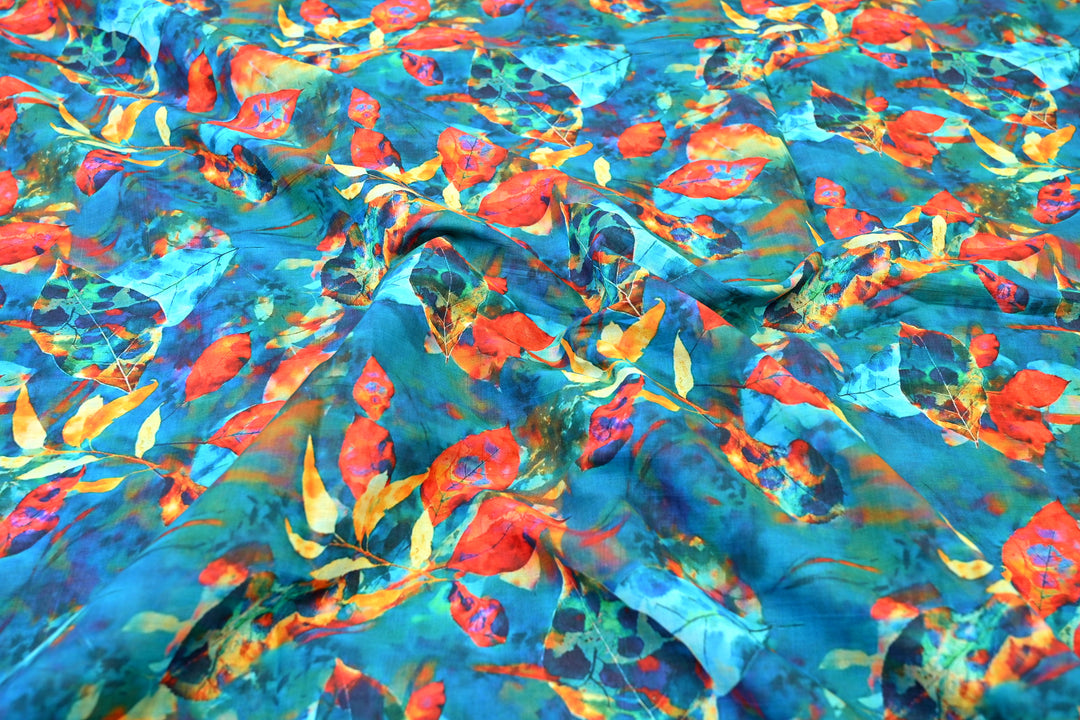 Orange Color Digital Leaves Print Cotton Fabric
