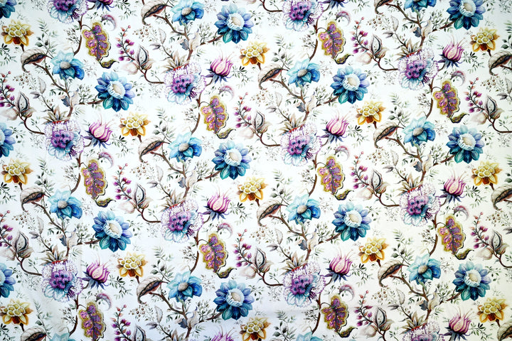 Wholesale Lot of Blue & Pink Flower Digital Print White Cotton Fabric