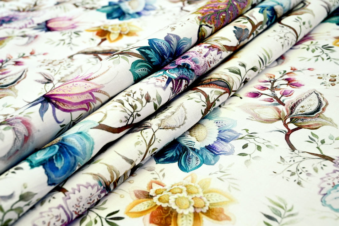 Blue & Pink Flower Digital Print White Cotton Fabric