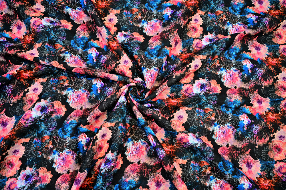 Pink Blue Flower Print On Black Base 