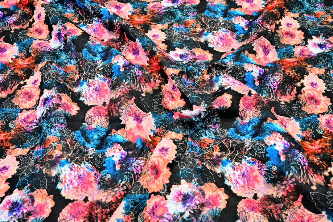 pink blue flowers on black cotton fabric