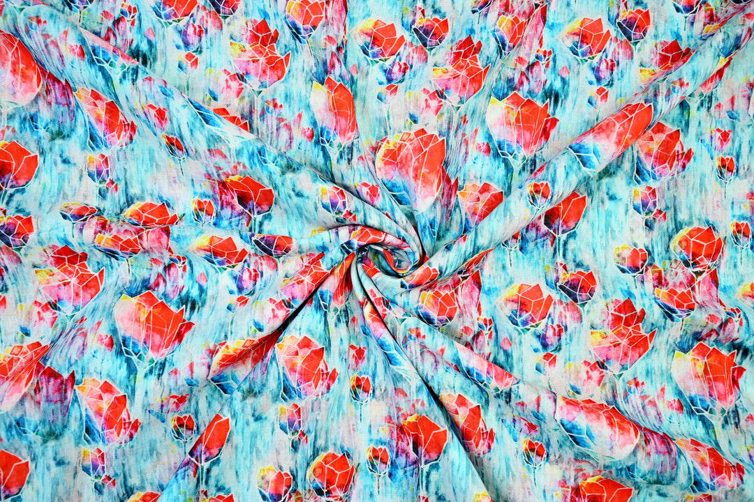 Beautiful Flower Digital Print Cotton Fabric ~ Sky Blue