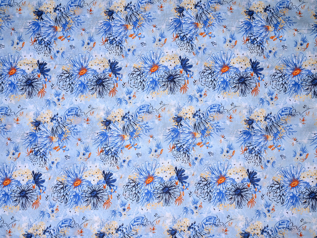 100% Cotton Floral Print Blue Fabric by the Yard