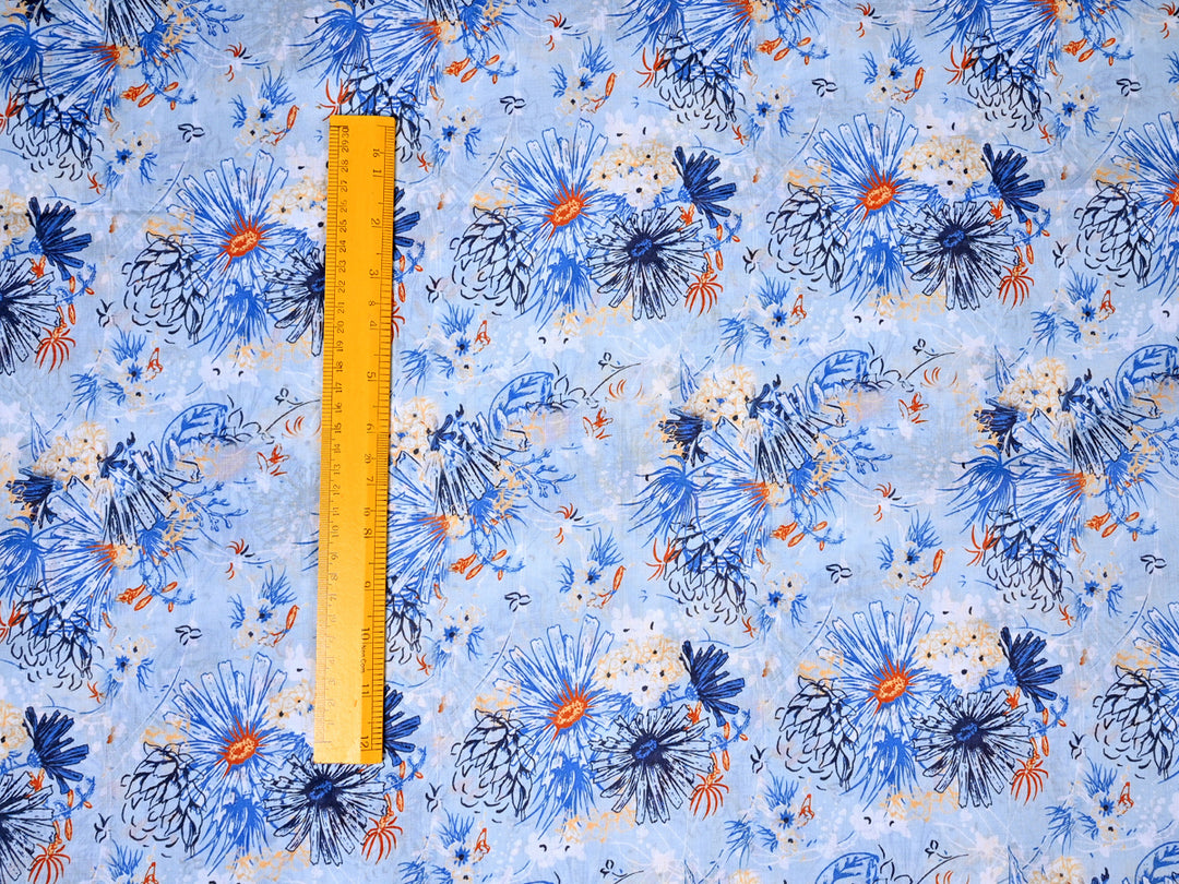 100% Cotton Floral Print Blue Fabric by the Yard