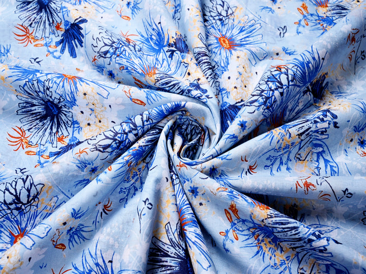 Blue Orange Flower Cotton Fabric Canvas
