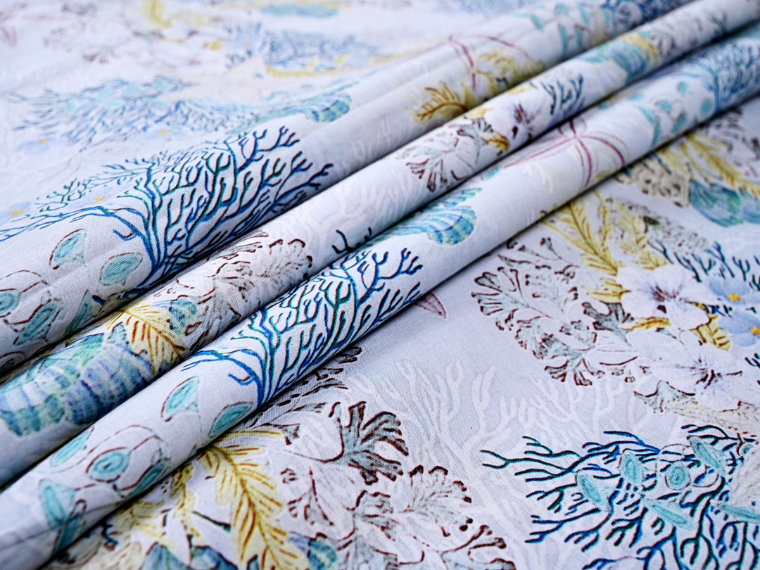 Floral Print White Indian Cotton Fabric