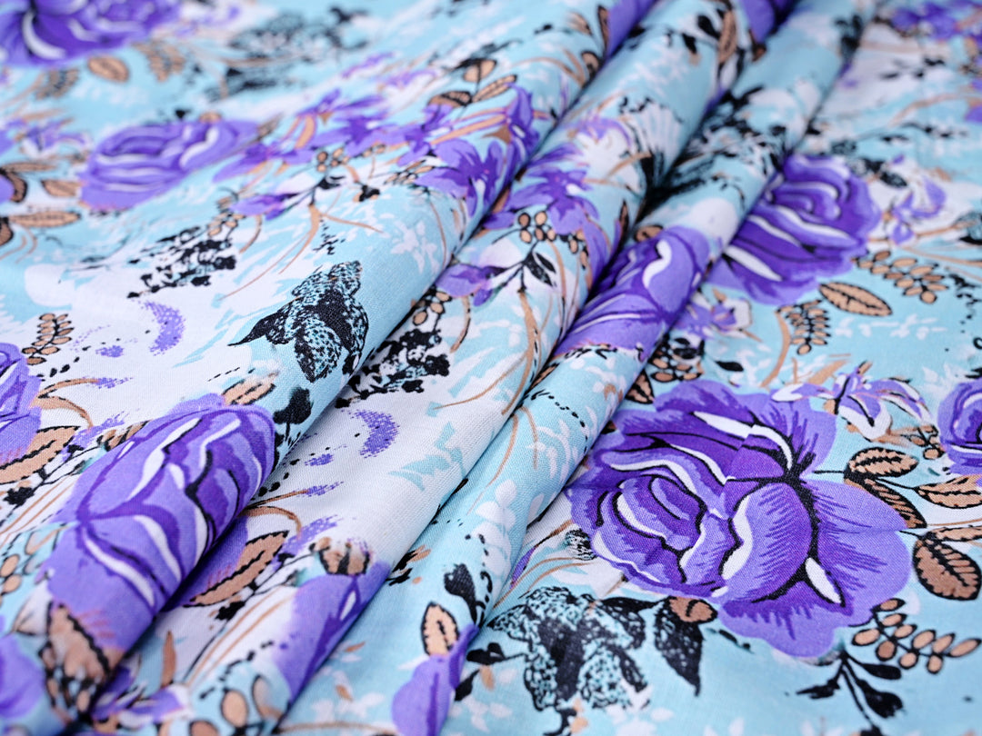 Beautiful Blue Floral Print Cotton Fabric ~ Blue