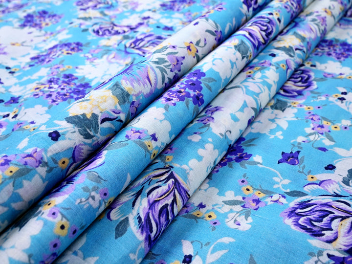 Porcelain Floral Digital Print Cotton Fabric by the Yard