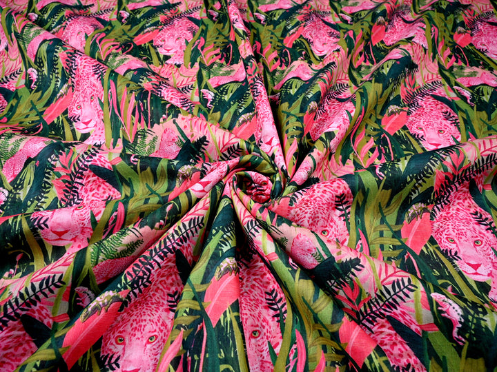Pink Tiger & Leaf Branches Cotton Fabric