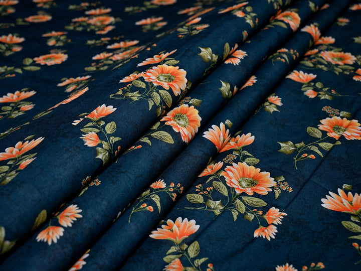 Flowers Print Jersey Knit Indian Fabric by the Yard ~ Navy Blue