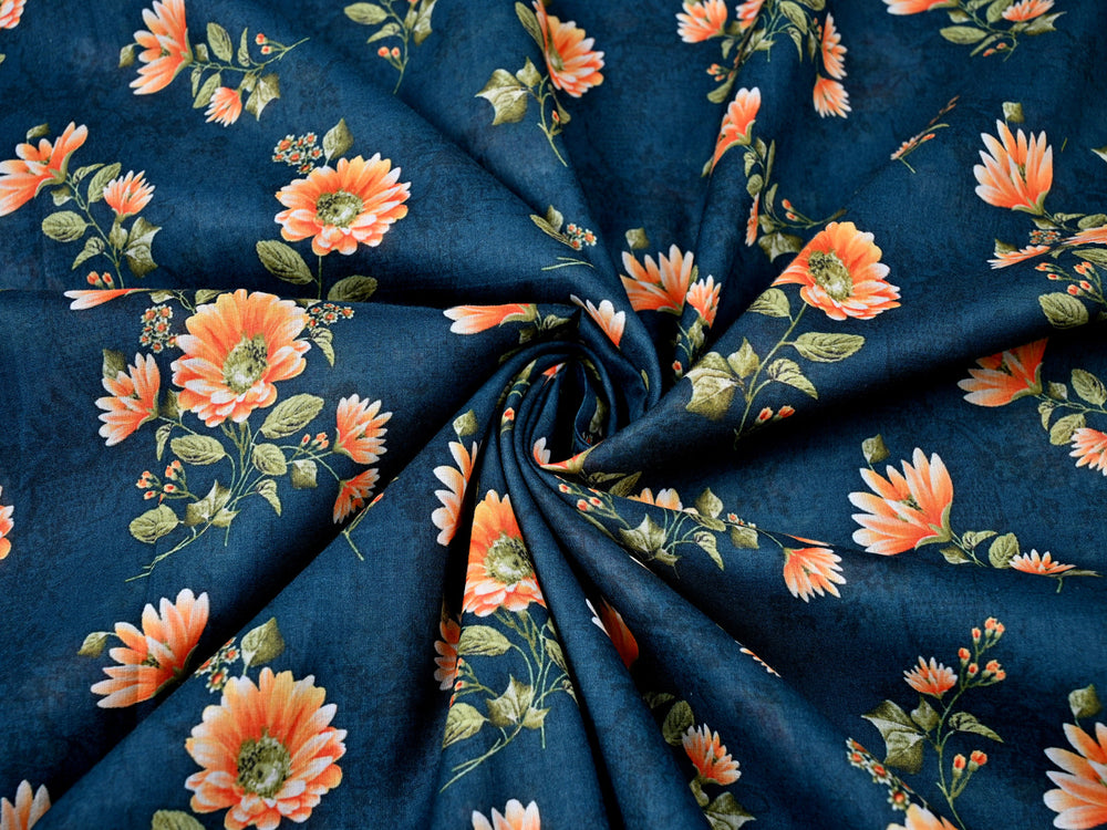 Orange Floral Cotton Fabric By The Yard