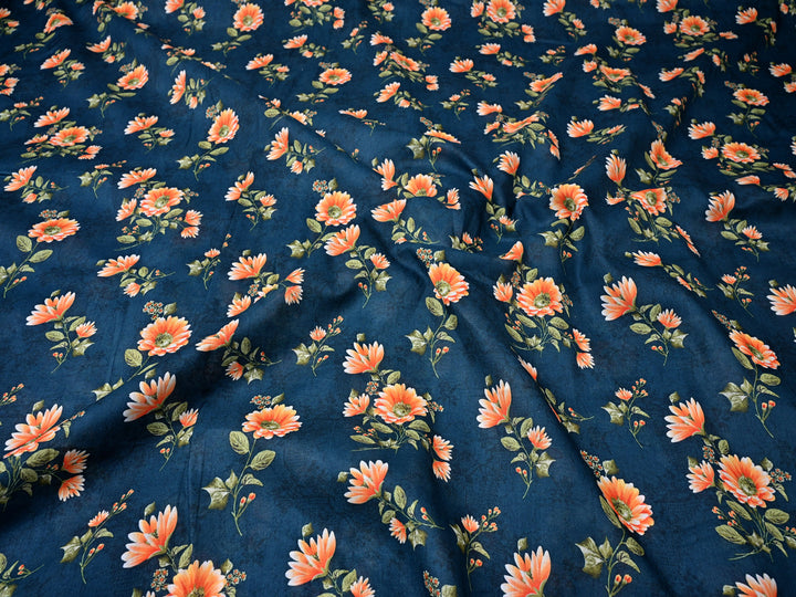 Flowers Print Jersey Knit Indian Fabric by the Yard ~ Navy Blue