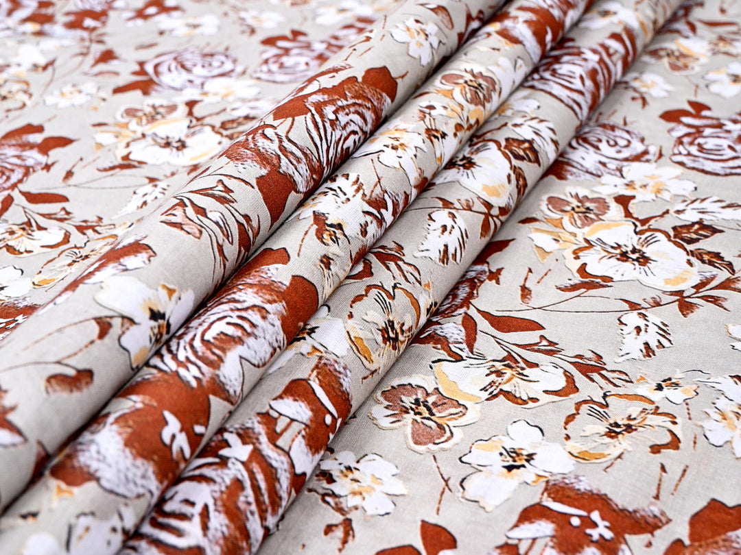 Bronze Beauty: Exquisite Flower Print on Indian Cotton Fabric